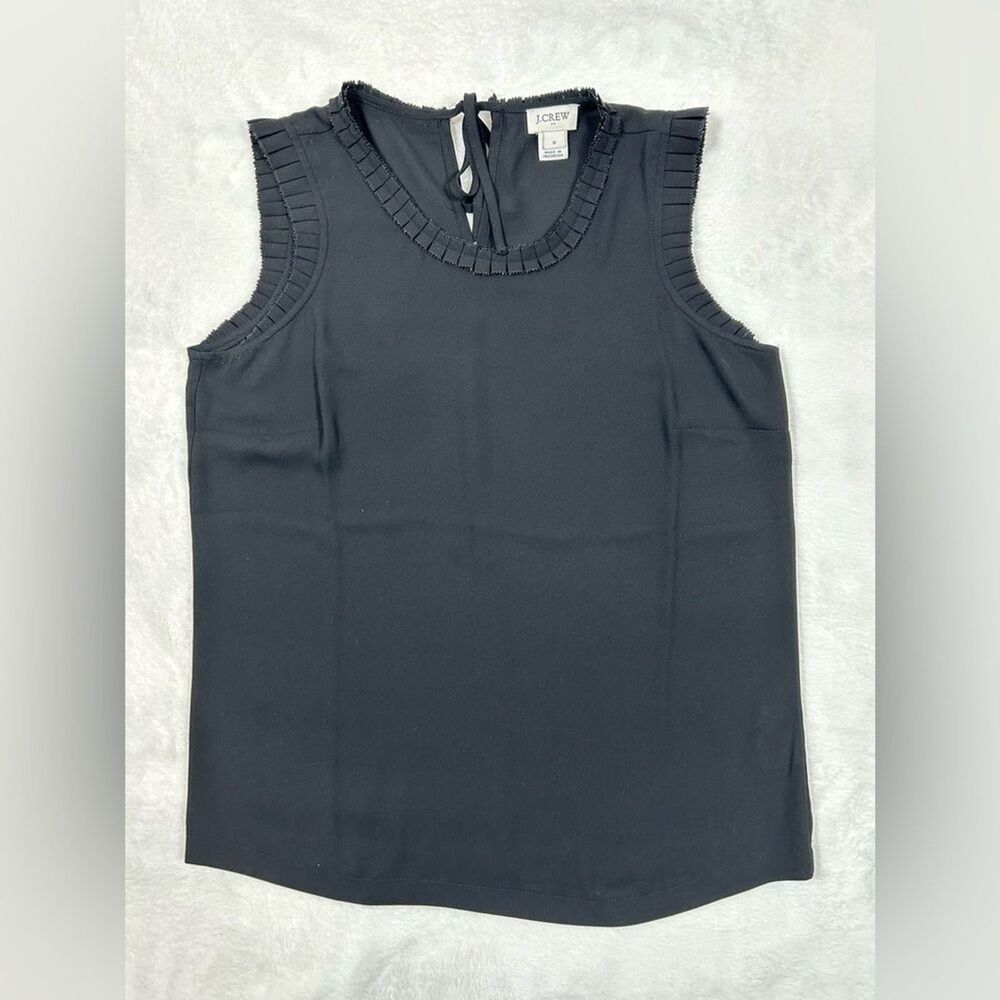 J Crew Factory Black Ruffle Trim Blouse Size 0 Tie Neck Pintuck